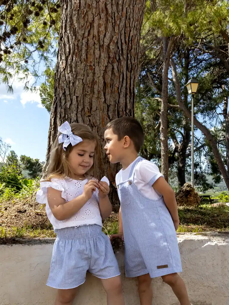 Calamaro Girls White Broderie Anglaise Top & Blue Shorts Set
