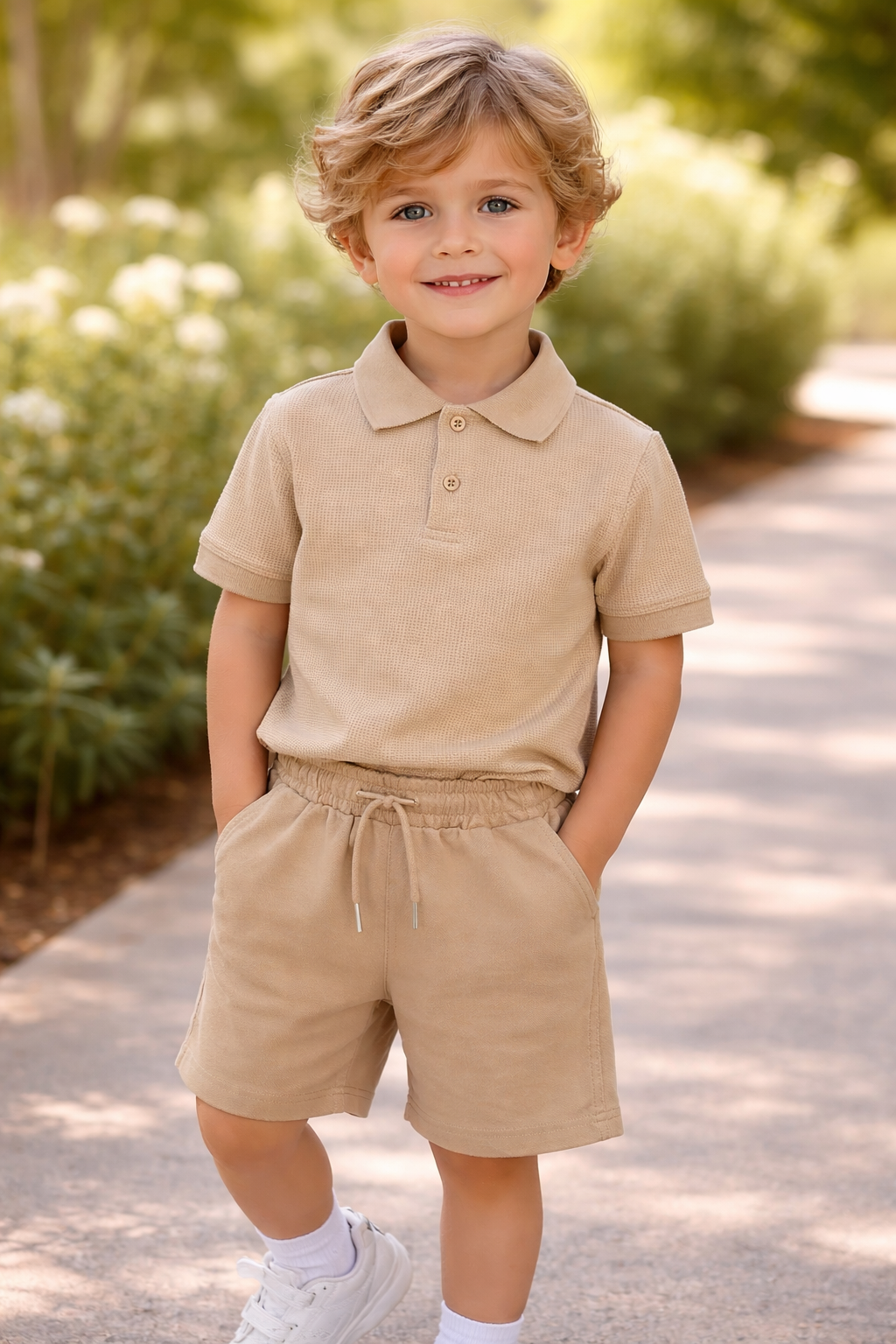 Boys Beige Top & Shorts Set