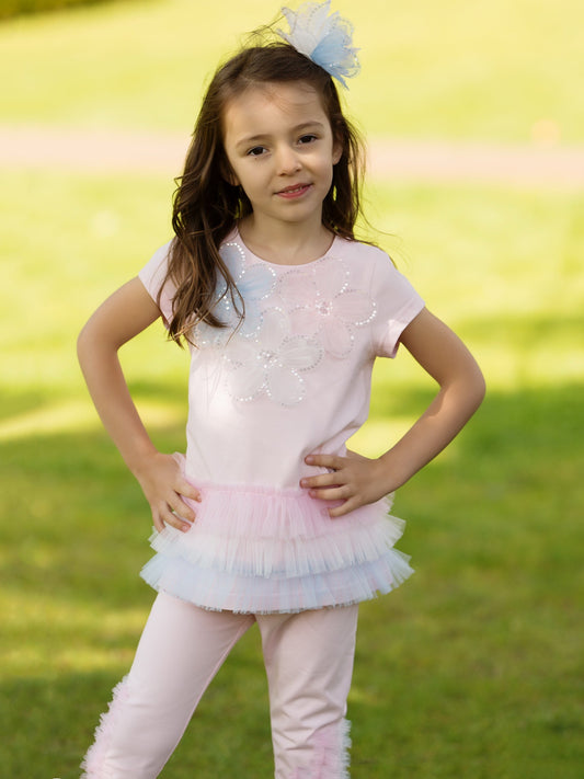Daga Pastel Pink Flower Motif Legging and Tunic Set