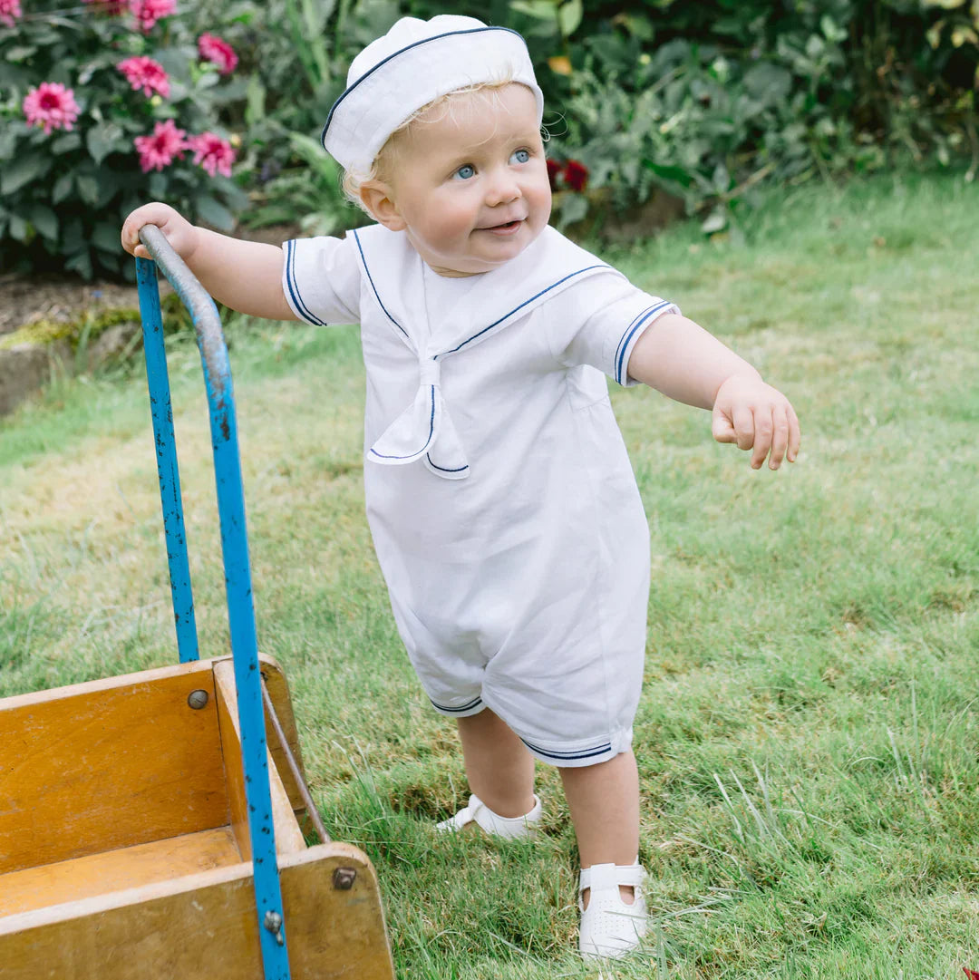 Emile et Rose ‘Jaden’ White & Navy Linen Romper & Hat Set