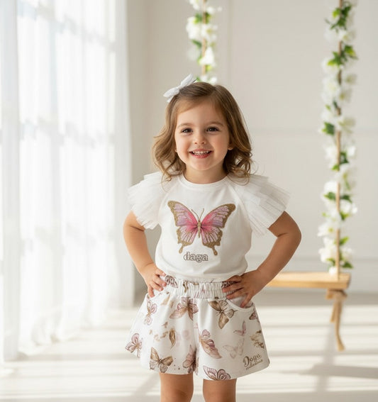 Daga Ivory Butterfly Print Shorts & Tulle trimmed Top Set