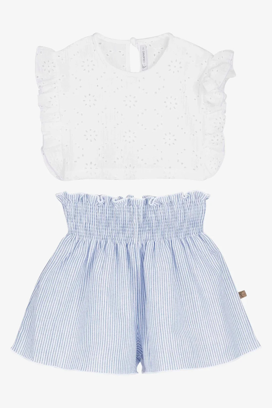 Calamaro Girls White Broderie Anglaise Top & Blue Shorts Set