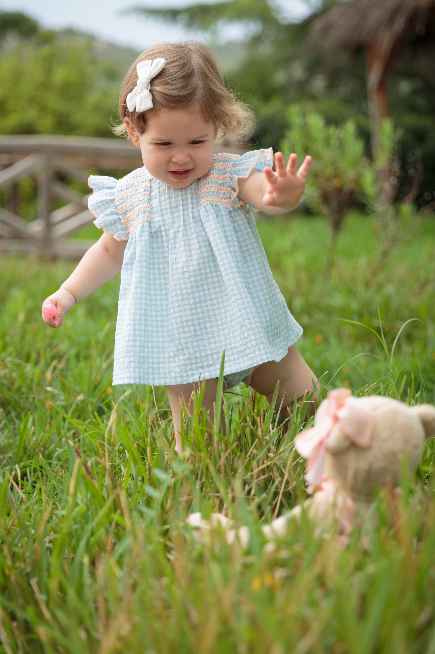 SS24 Babidu Blue Gingham Shirred Seersucker Dress Set