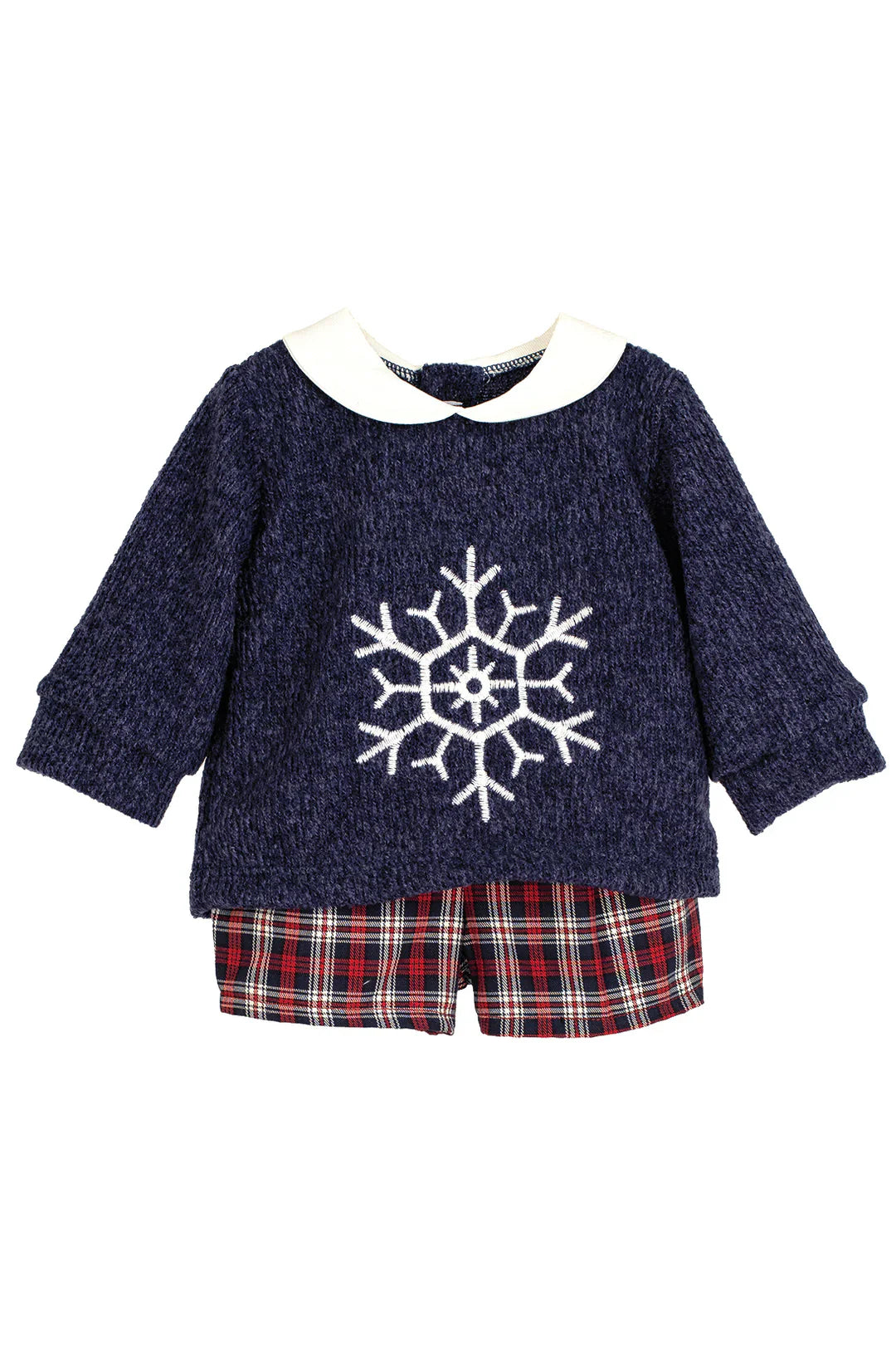 Calamaro Navy Chenile Snowflake Sweater & Tartan Shorts Set
