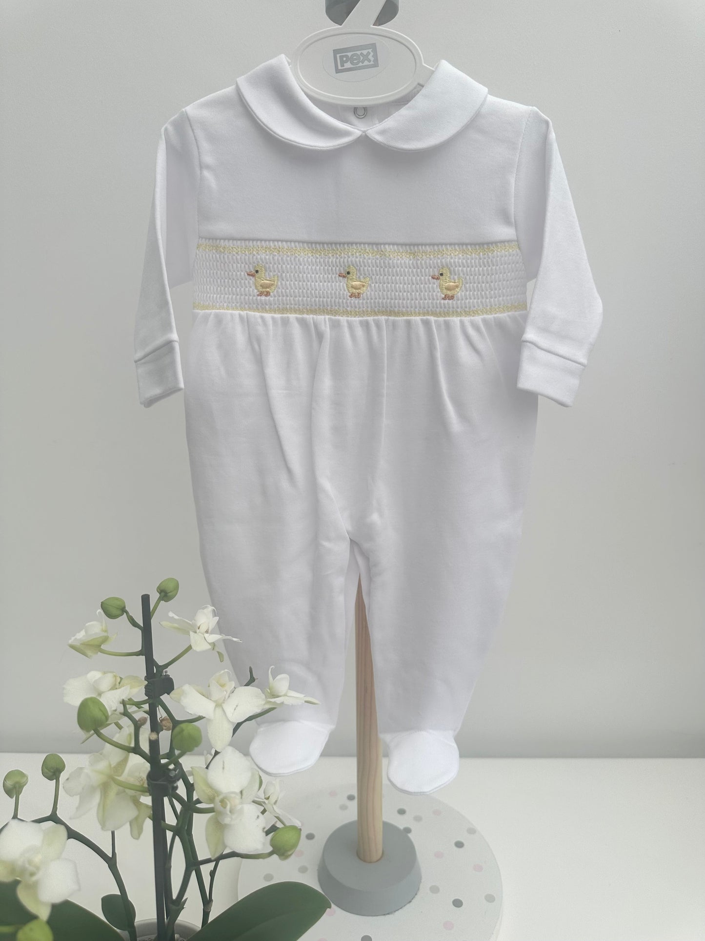 Pex White & Yellow Chick Smocked Babygrow