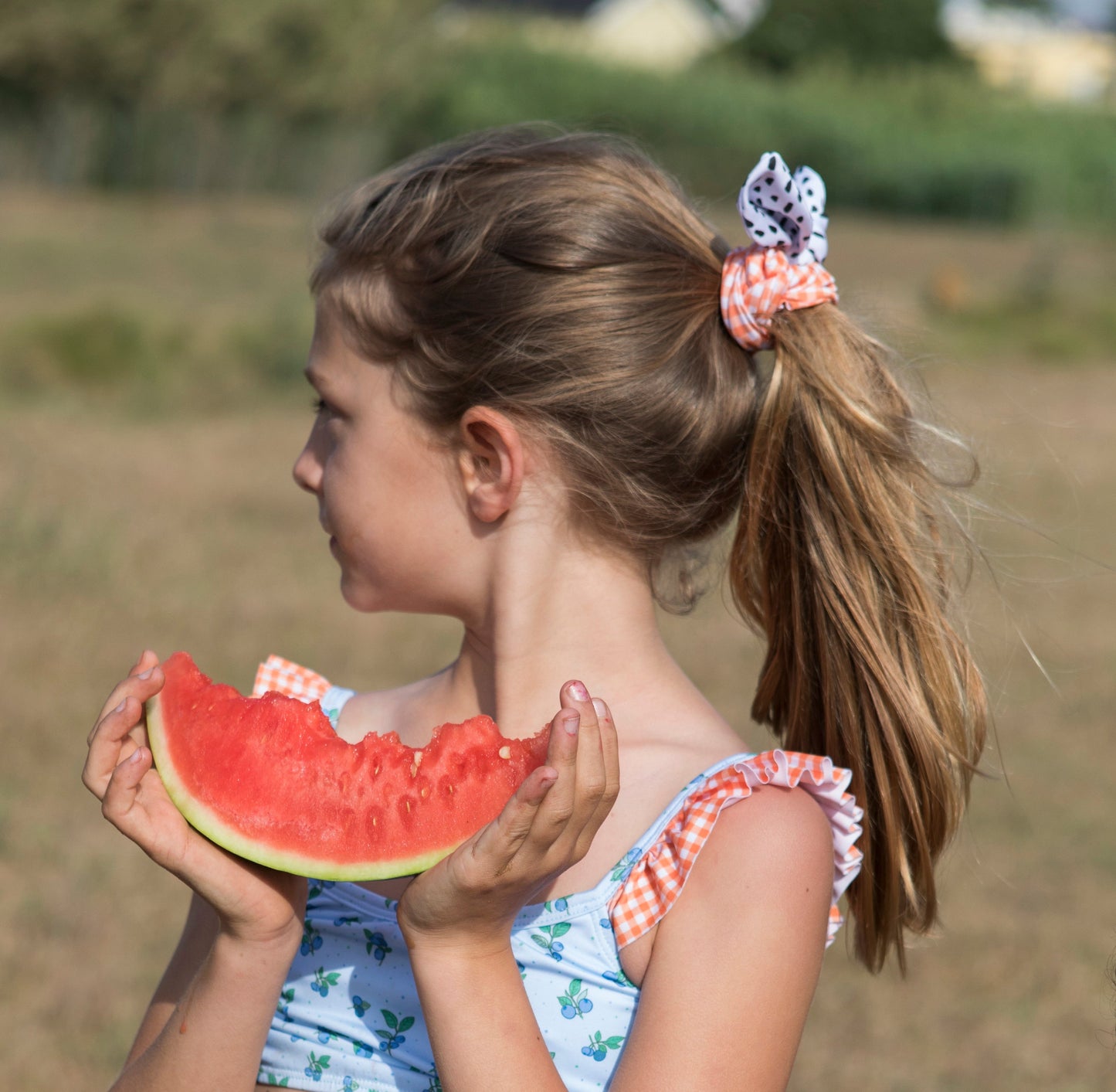 Paperboat Orange, Black & White Gingham Hair Scrunchie