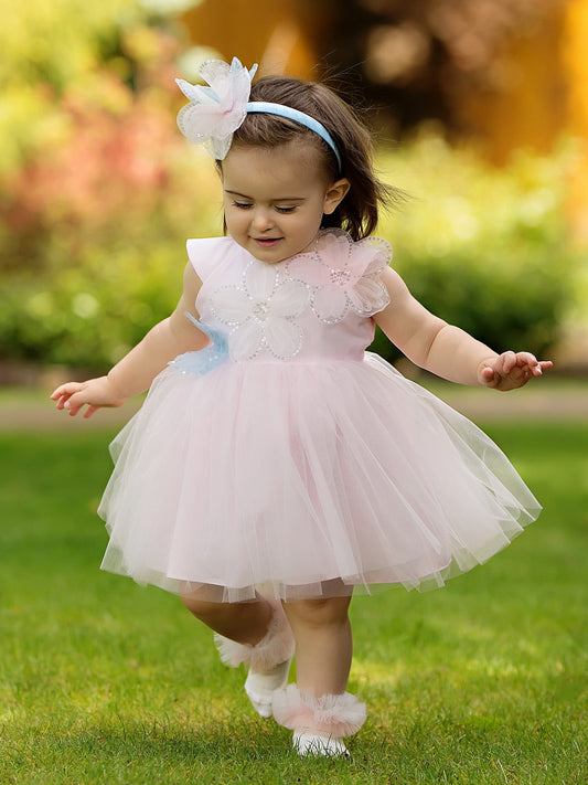 Daga Pastel Pink Satin Flower Motif Tulle Dress