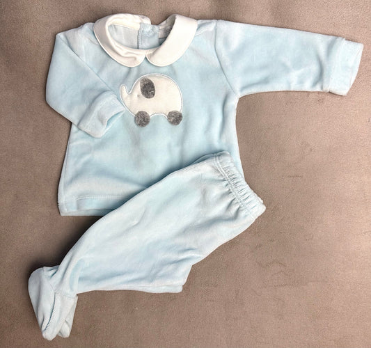 Coccode Baby Blue Velour Elephant Motif 2-Piece Babygrow