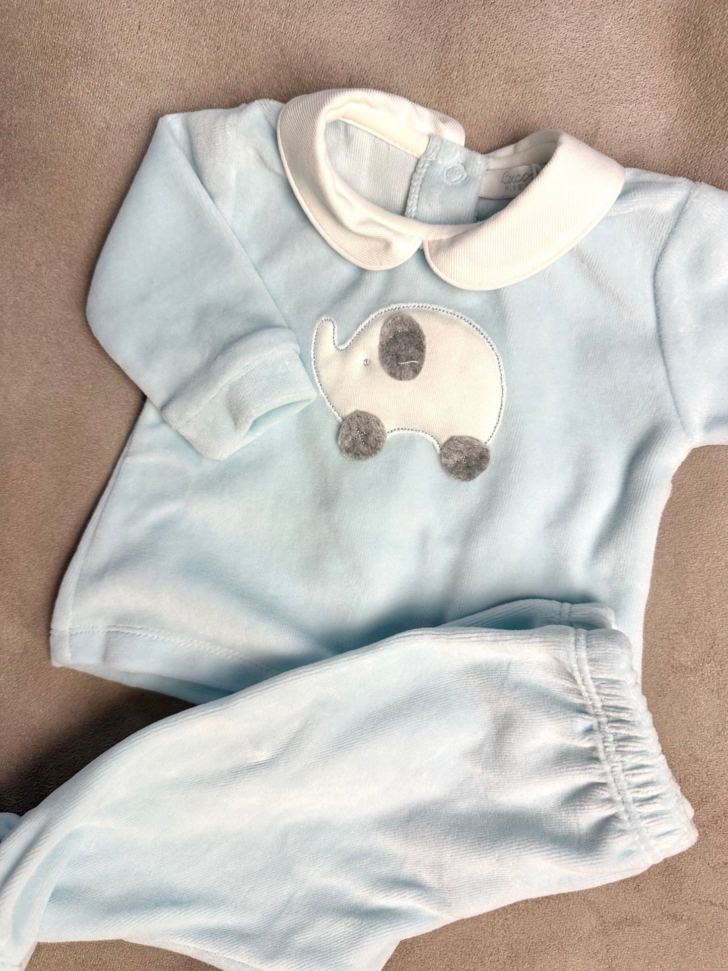 Coccode Baby Blue Velour Elephant Motif 2-Piece Babygrow