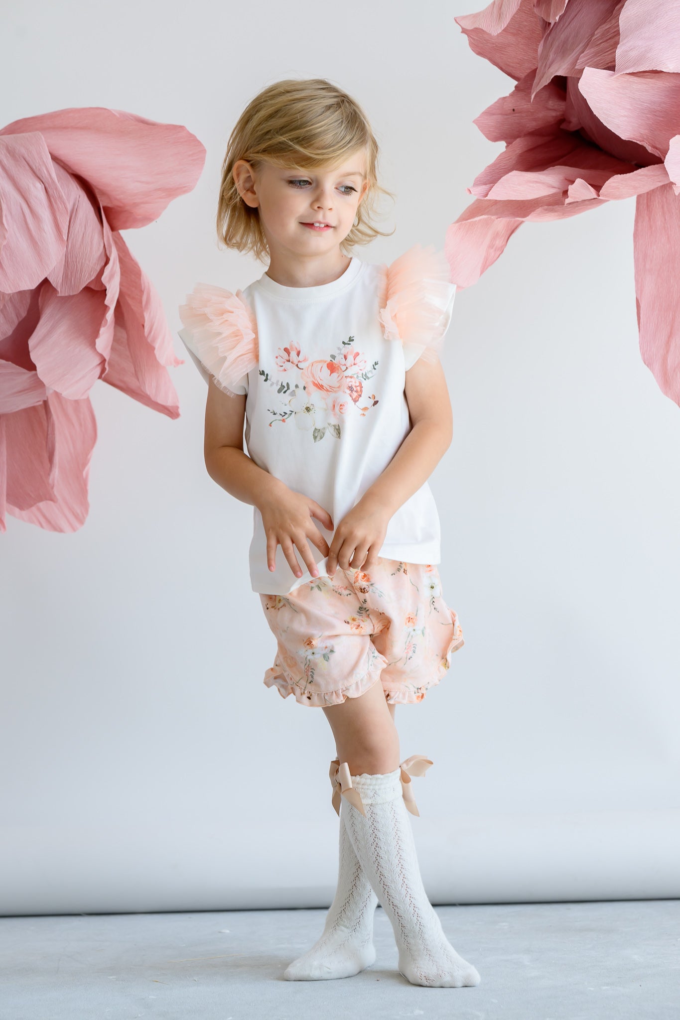 Jamiks Deidra Ecru & Peach Floral Print Shorts Set