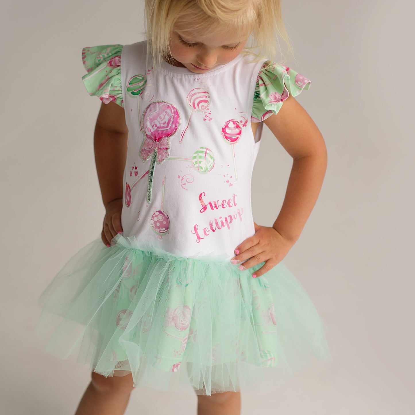 Daga ‘More Sugar’ Girls Mint Lollipop Print Tulle Jersey Dress