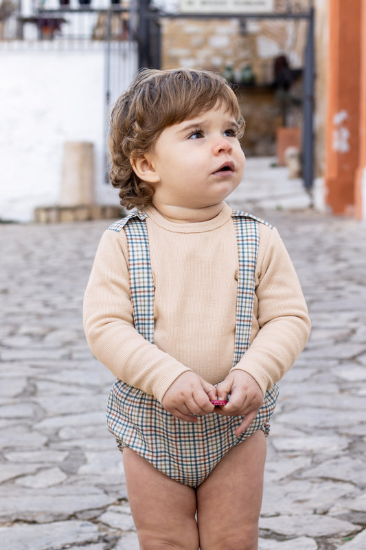 Calamaro Boys Camel & Green Check Braced Jam Pant Set