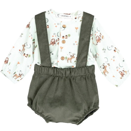 Calamaro Boys White & Green Corduroy Woodland Print Jam Pant Set