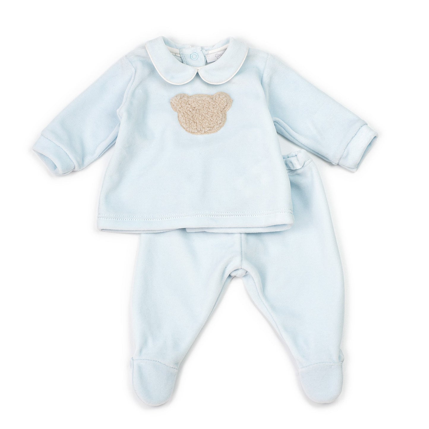 Coccode Baby Blue Velour Bear Motif 2-Piece Babygrow