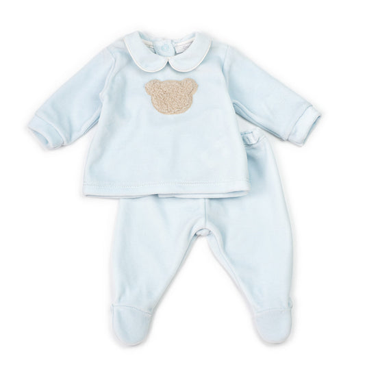 Coccode Baby Blue Velour Bear Motif 2-Piece Babygrow