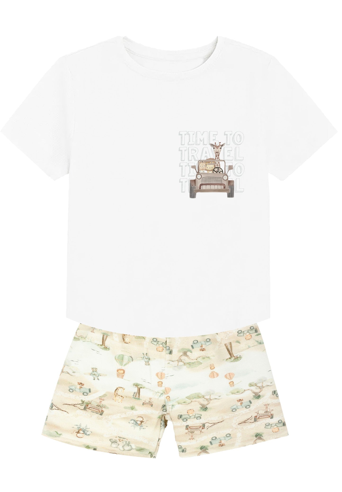 Jamiks Hello Boys White & Sand Safari Print Shorts Set