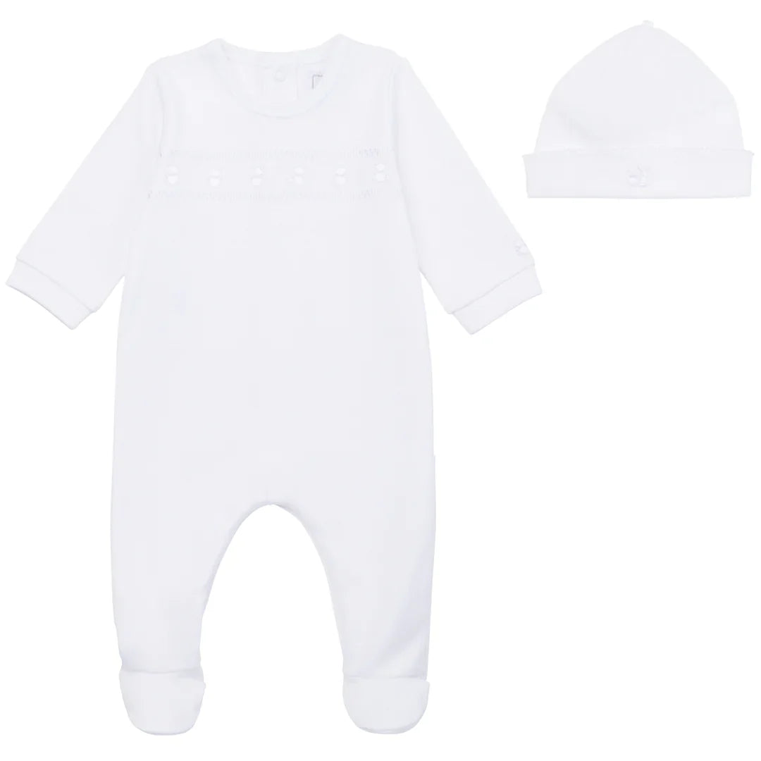 Emile et Rose ‘Heath’ White Bear Embroidered Babygrow & Hat Set