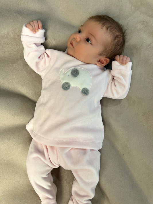 Coccode Baby Pink Velour Elephant Motif 2-Piece Babygrow
