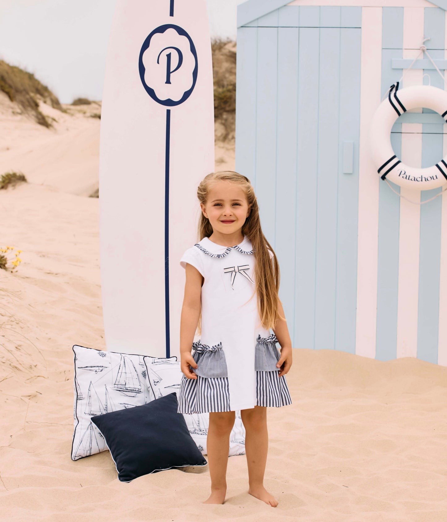 Patachou White & Navy Striped Jersey Dress