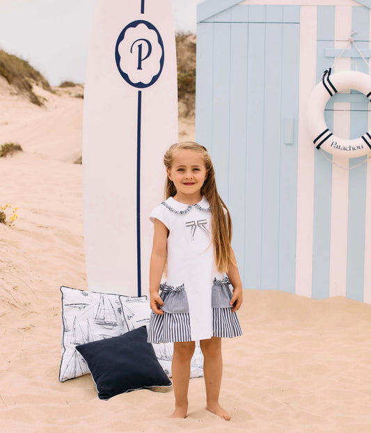 Patachou White & Navy Striped Jersey Dress
