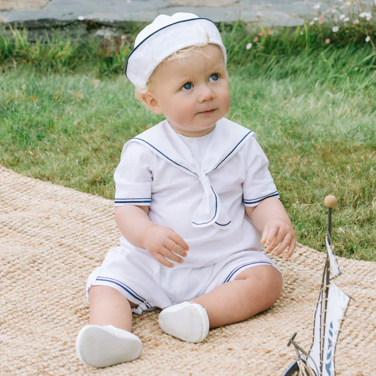 Emile et Rose ‘Jaden’ White & Navy Linen Romper & Hat Set
