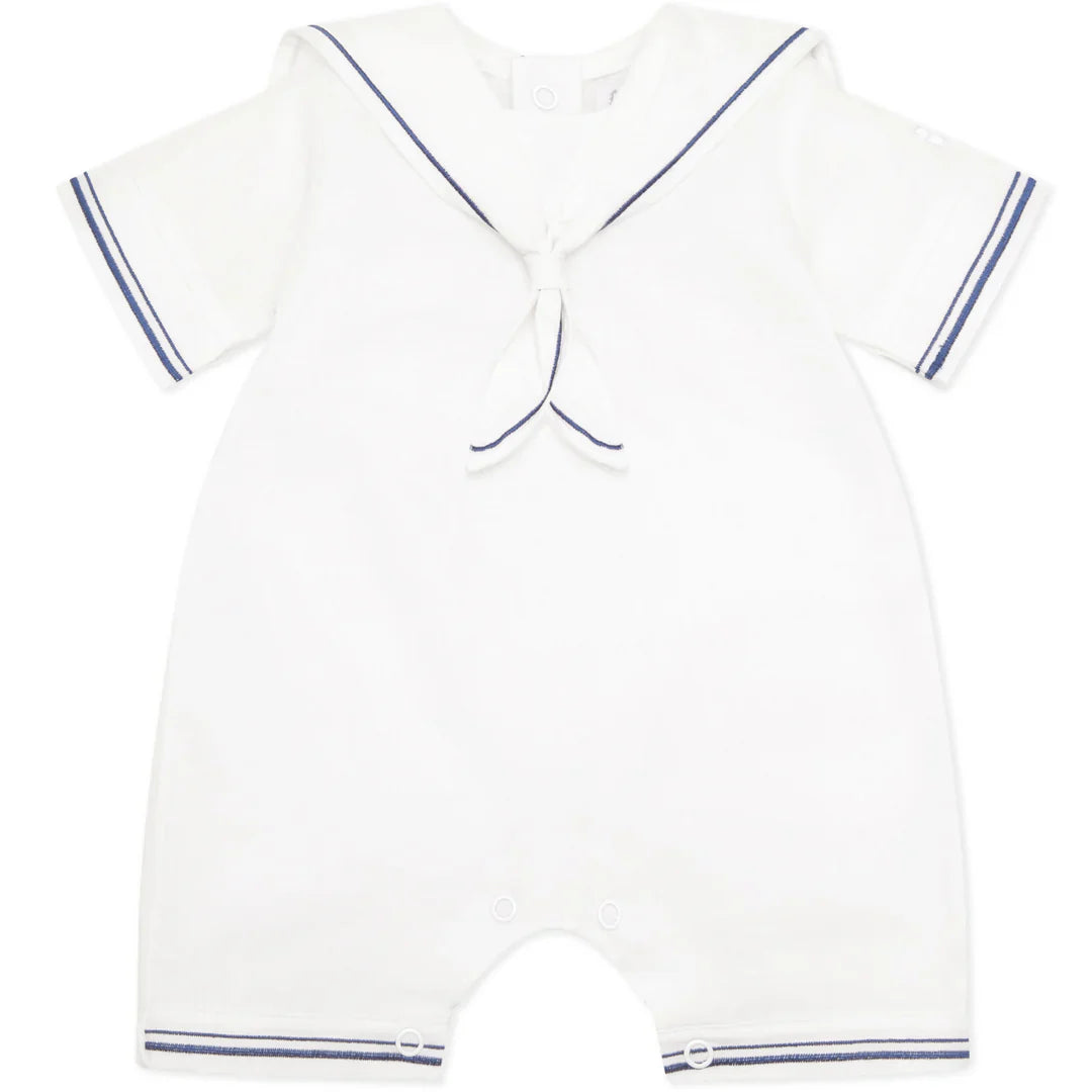 Emile et Rose ‘Jaden’ White & Navy Linen Romper & Hat Set
