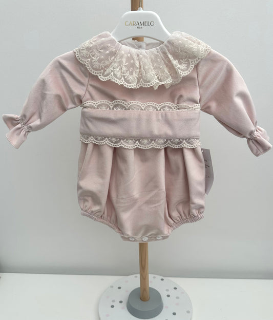 Puro Mimo Shell Pink Velvet & Ivory Lace Romper