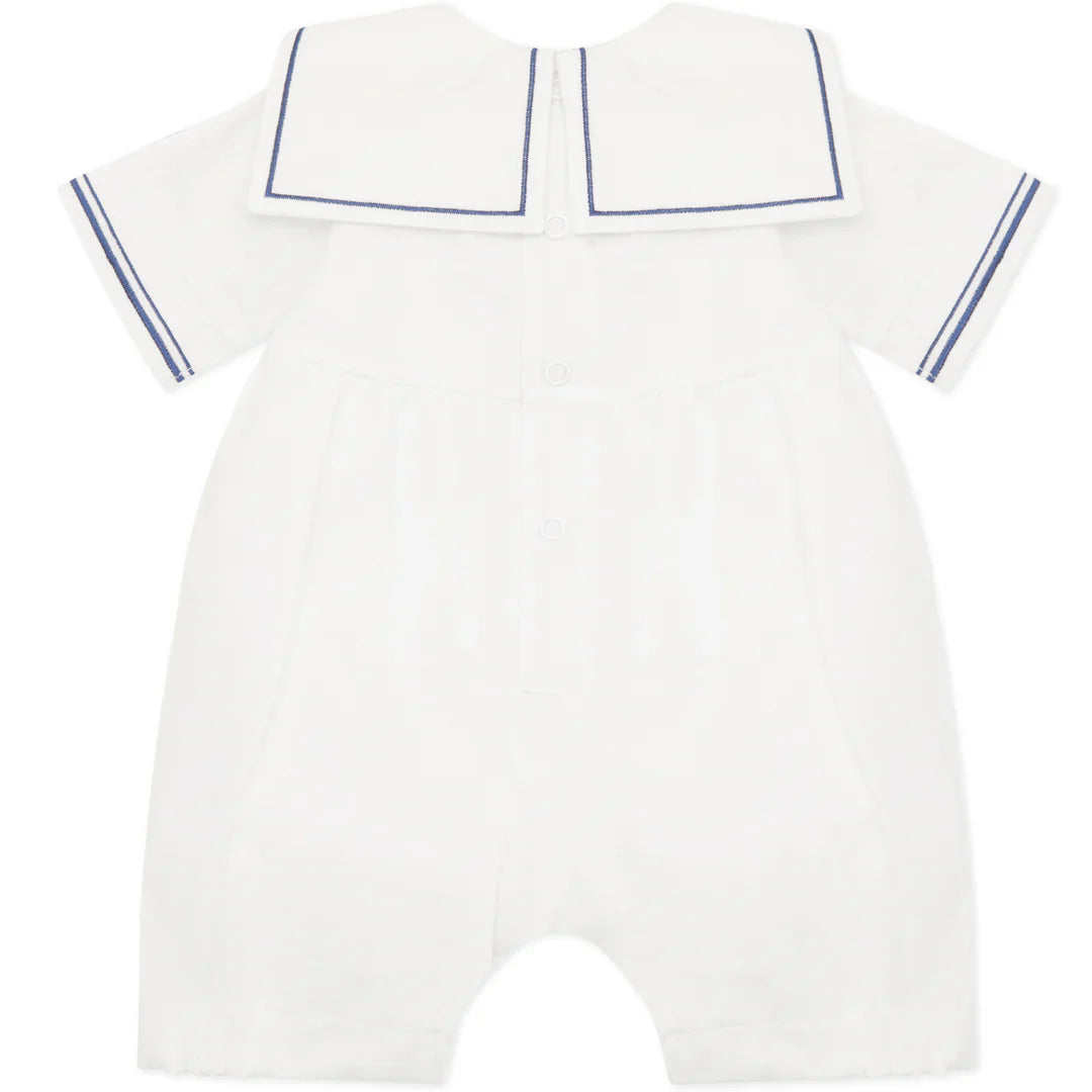 Emile et Rose ‘Jaden’ White & Navy Linen Romper & Hat Set