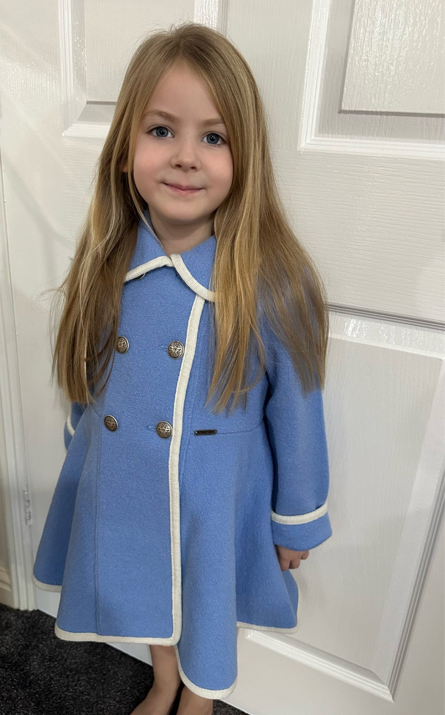Marae Kids Sky Blue With White Trim Swing Cut Girl’s Coat