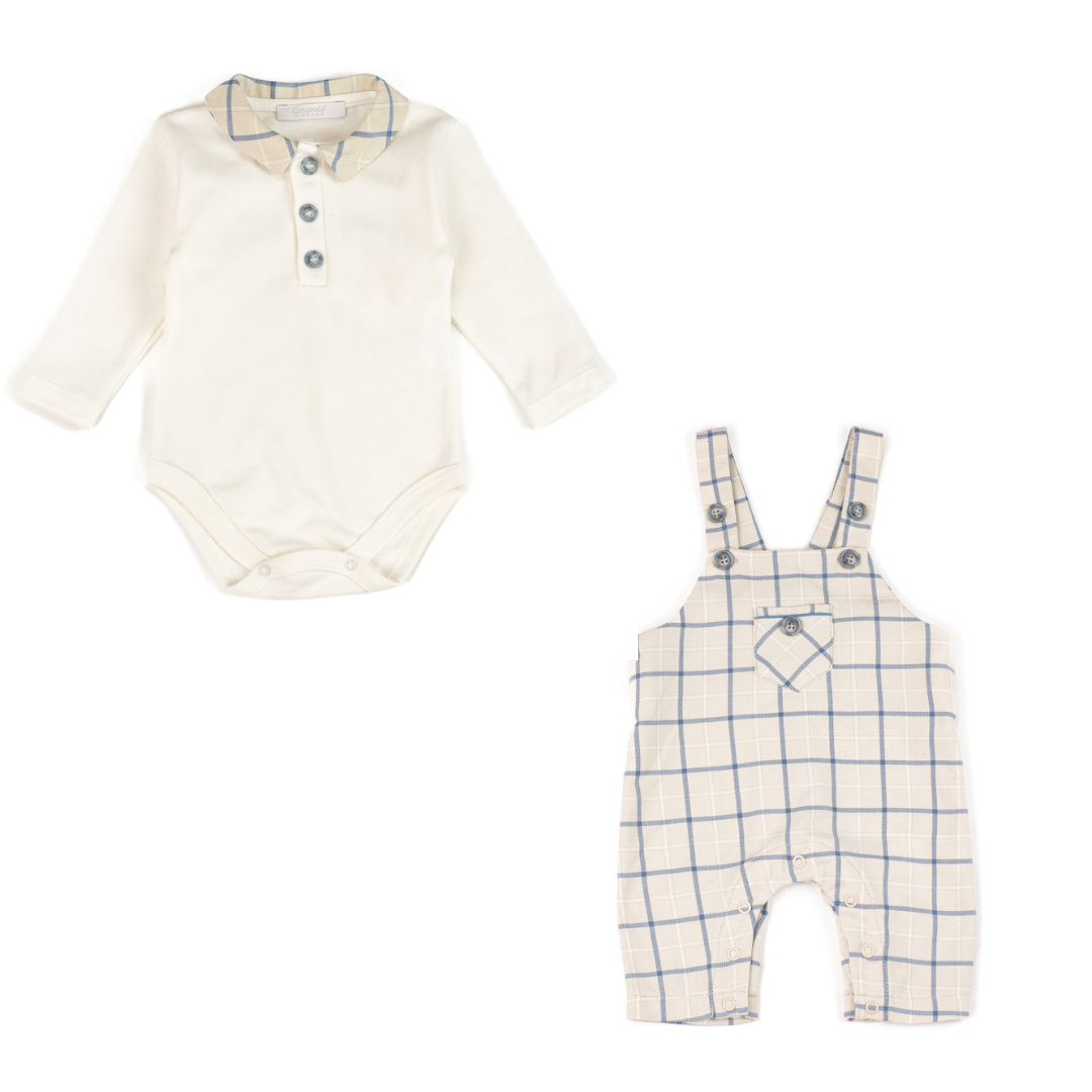 Coccode Light Beige & Blue Check 2-Piece Dungaree Romper Set