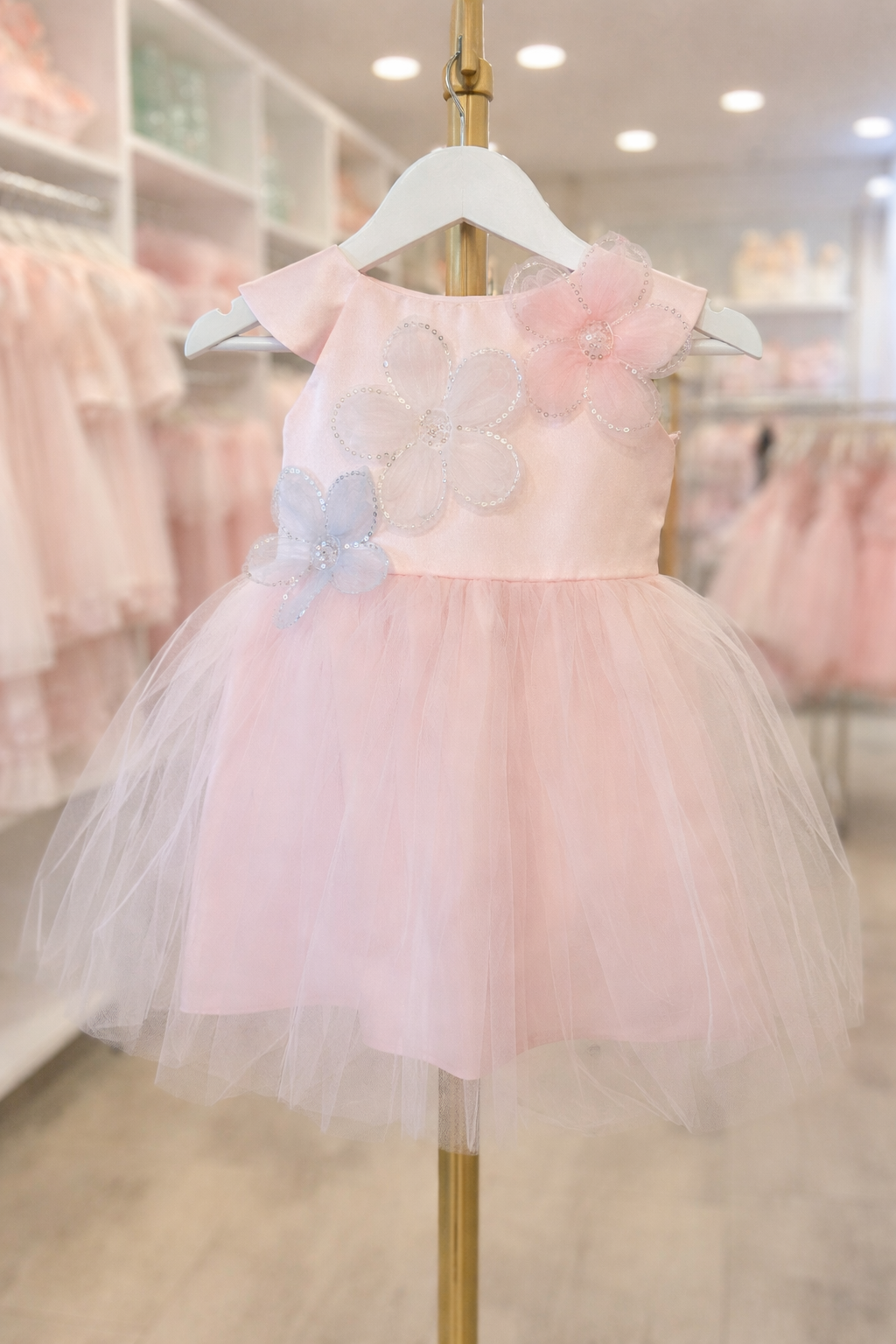 Daga Pastel Pink Satin Flower Motif Tulle Dress