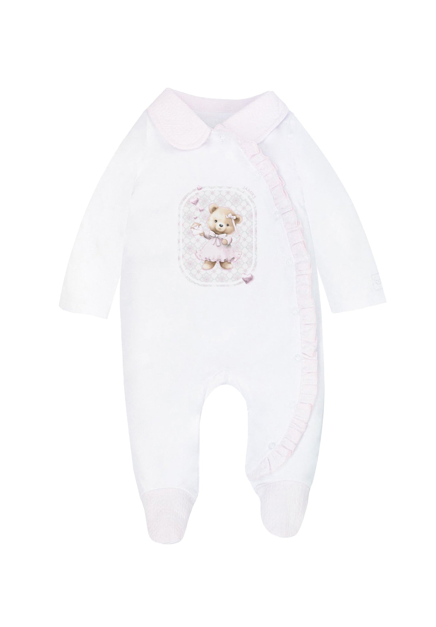 Jamiks Neia White & Pink Teddy Bear Motif Babygrow