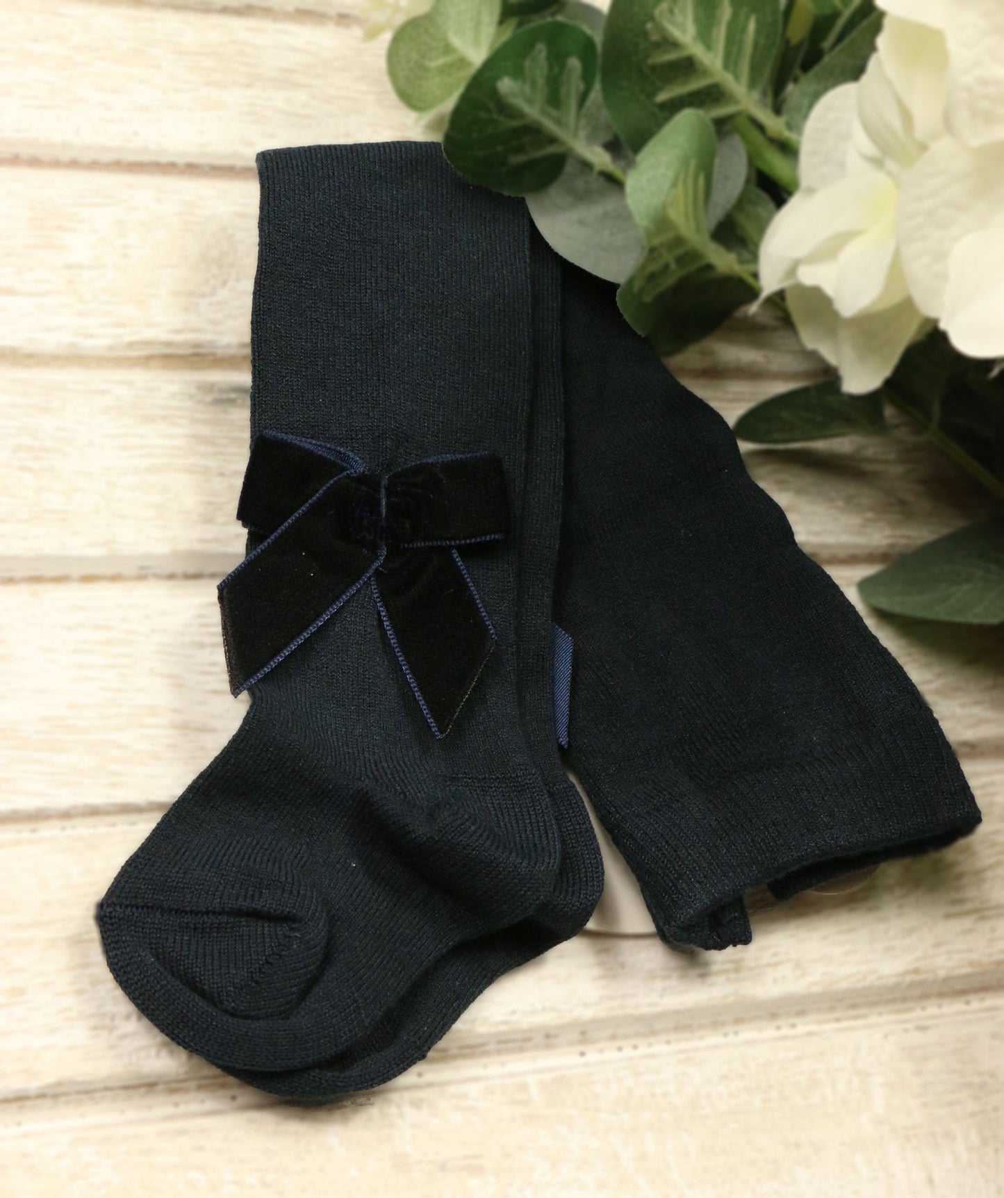 Meia Pata Navy Blue Velvet Bow Tights