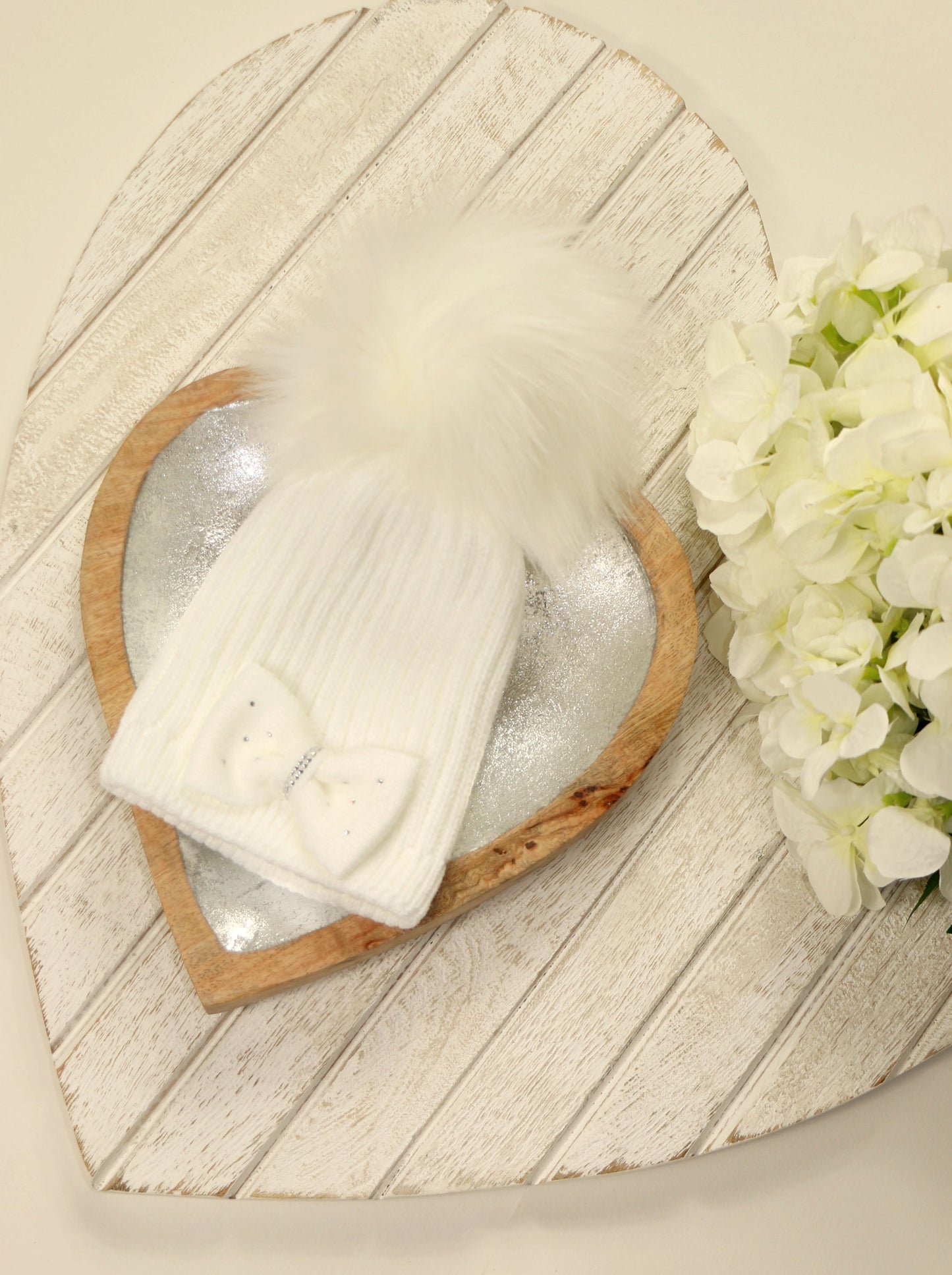 Pom Pom Envy Bow Hat - White