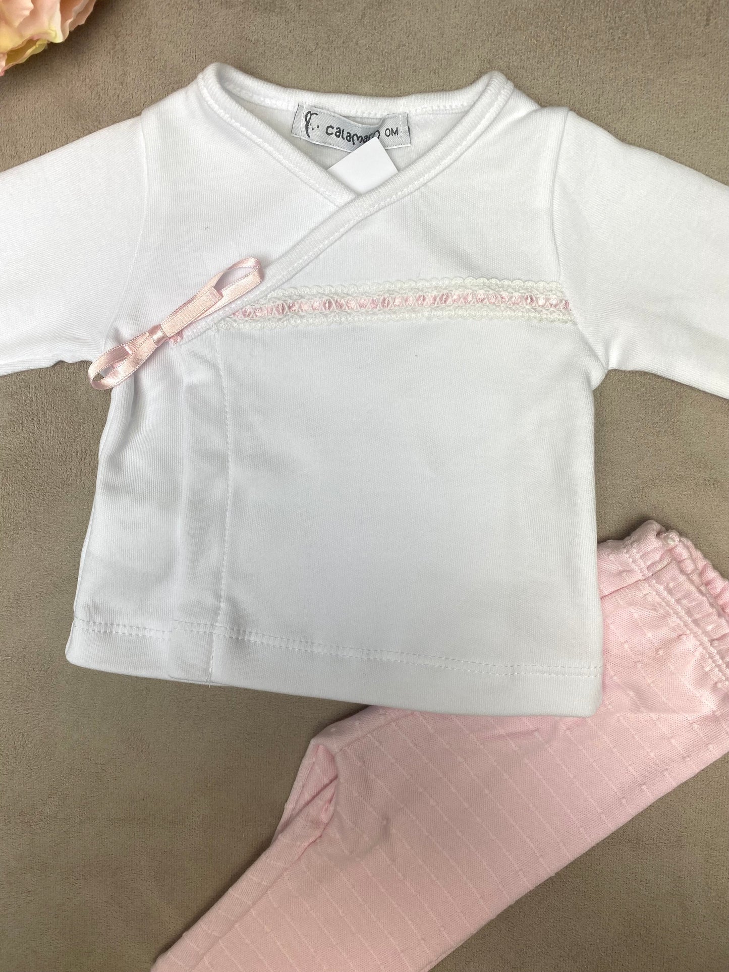 Calamaro White & Pink 2-Piece Ribbon Trimmed Babygrow