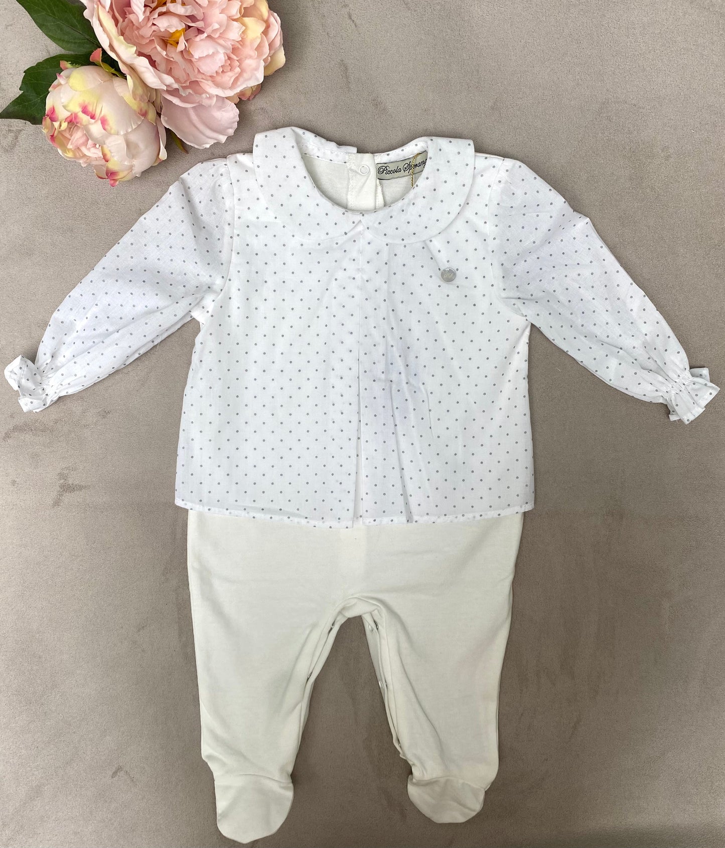SS22 Piccola Speranza Ivory & Grey Polka-dot Babygrow
