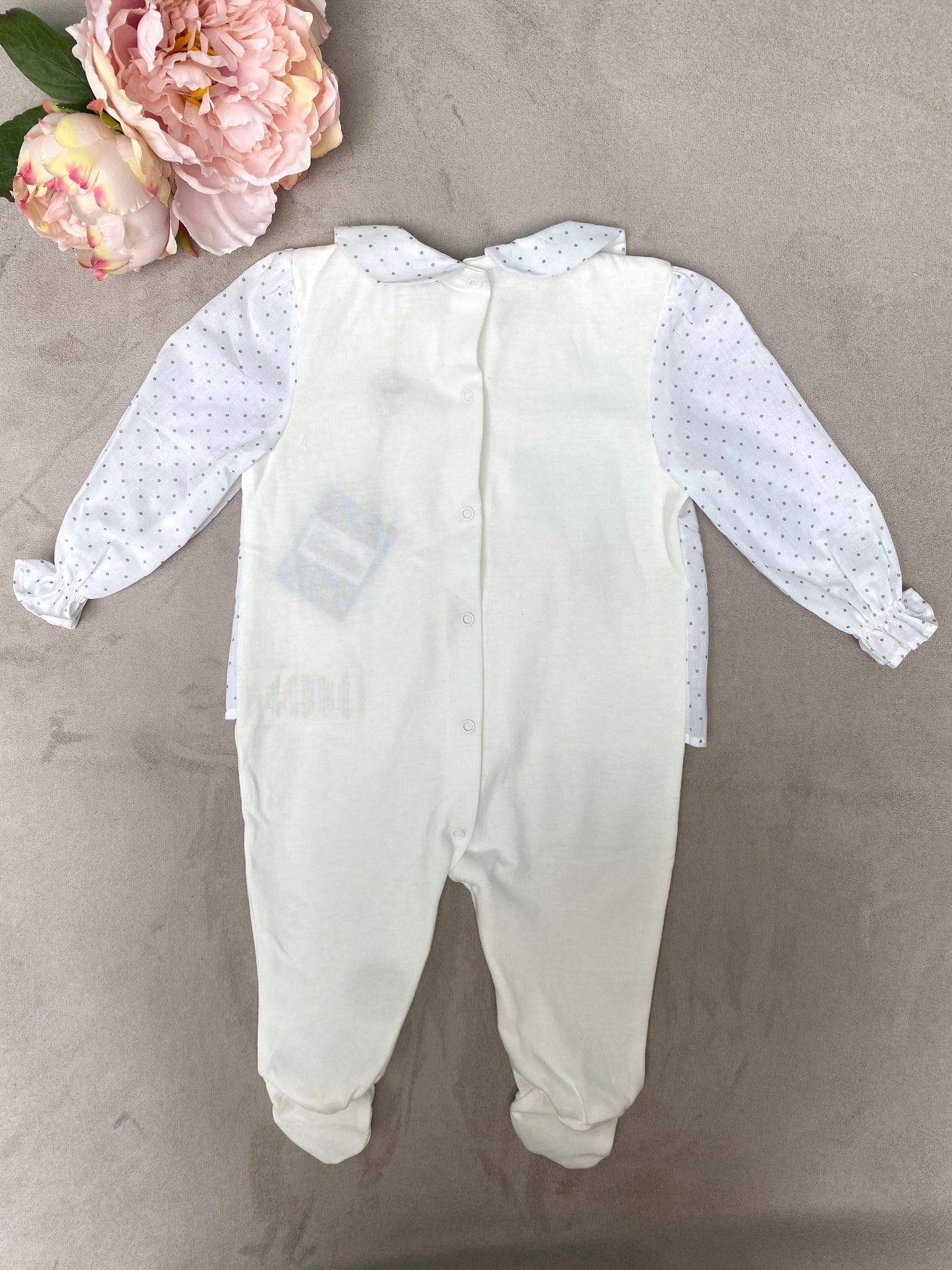 SS22 Piccola Speranza Ivory & Grey Polka-dot Babygrow