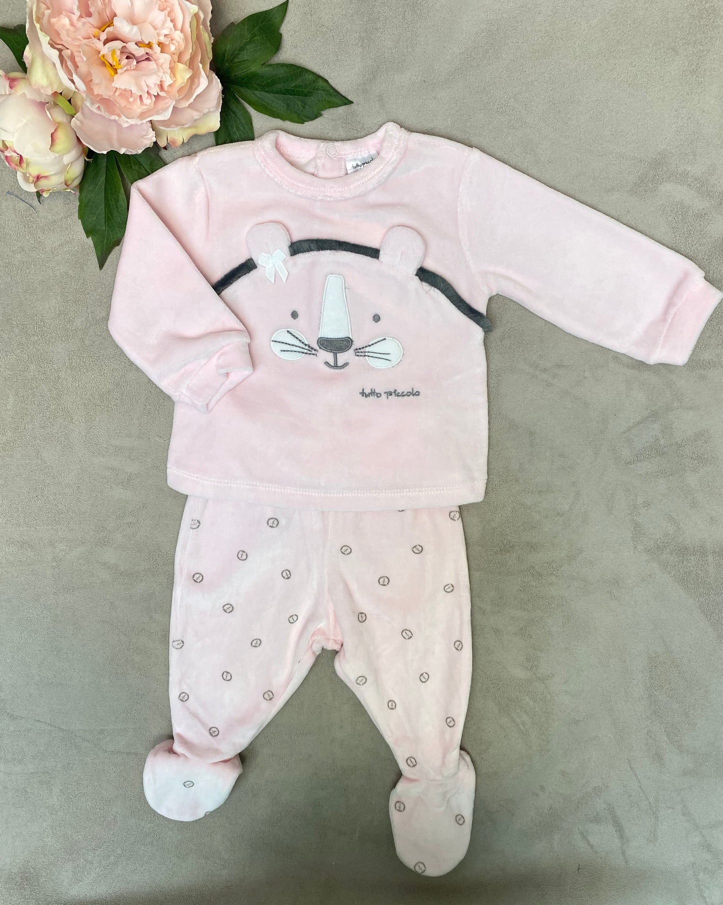 AW21 Tutto Piccolo Baby Pink Velour 2-Piece Babygrow