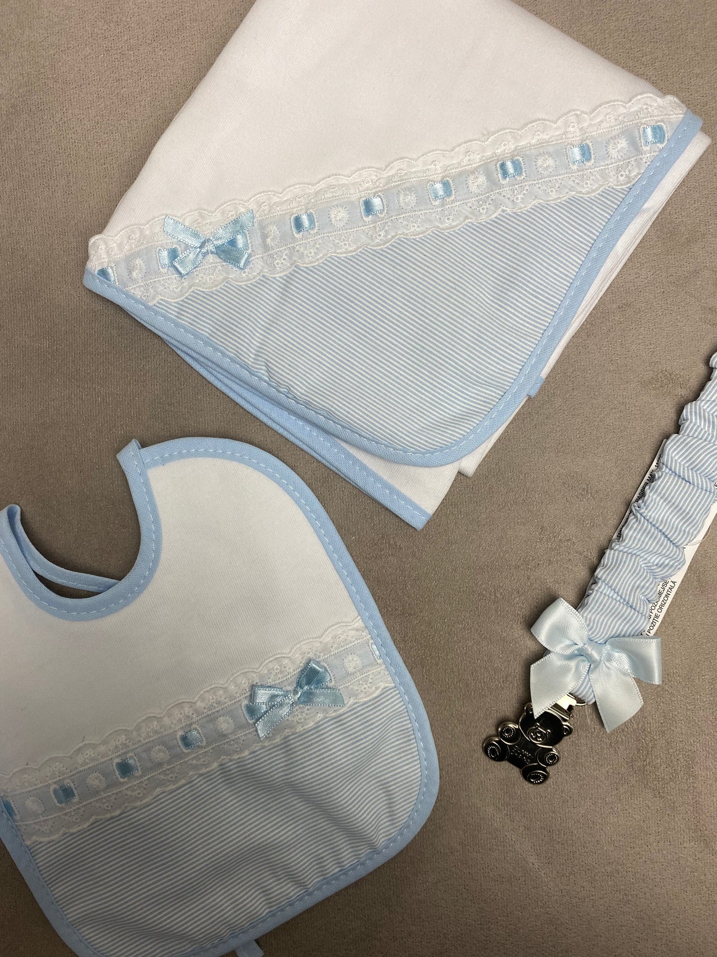 Dummy Clip, Shawl and Bib Gift Set – Blue & White