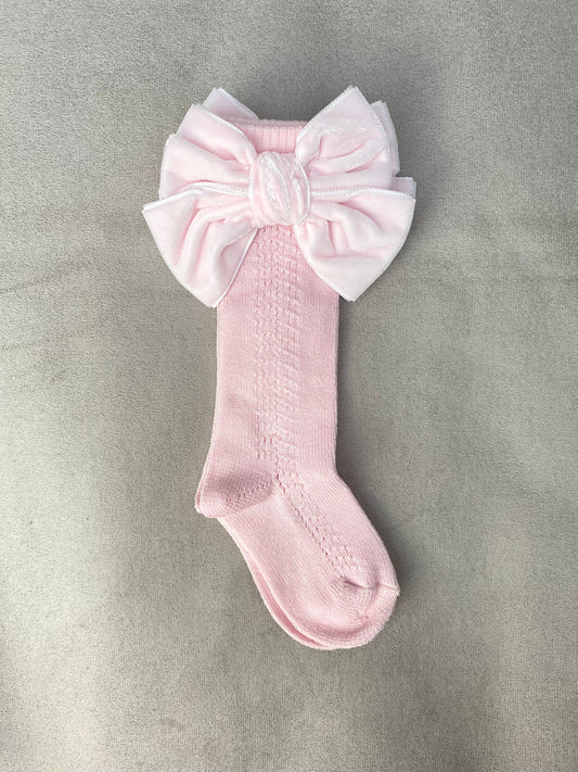 Meia Pata Baby Pink Knee High Socks With Double Velvet Bows