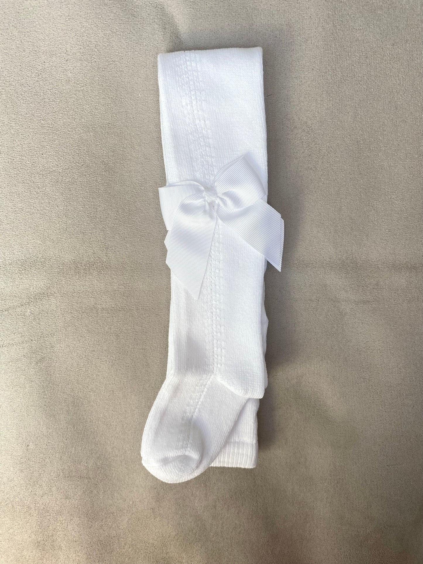 Meia Pata White Tights With Grosgain Bow