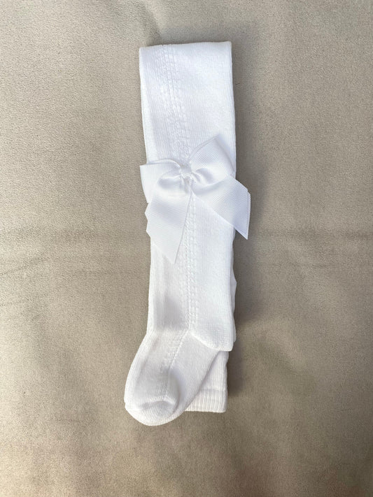 Meia Pata White Tights With Grosgain Bow