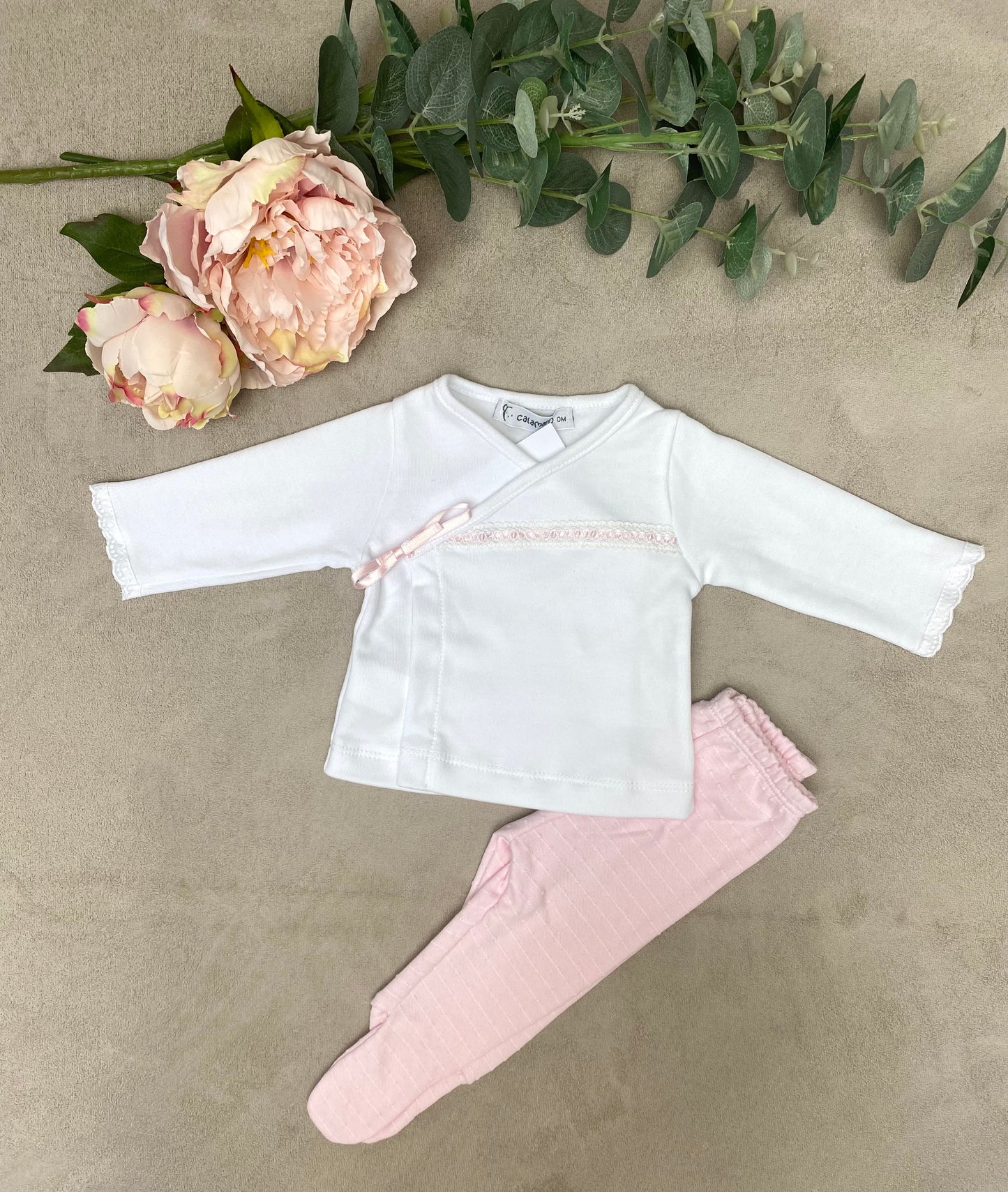 Calamaro White & Pink 2-Piece Ribbon Trimmed Babygrow