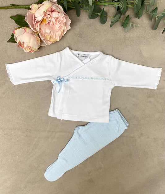Calamaro White & Blue 2-Piece Ribbon Trimmed Babygrow