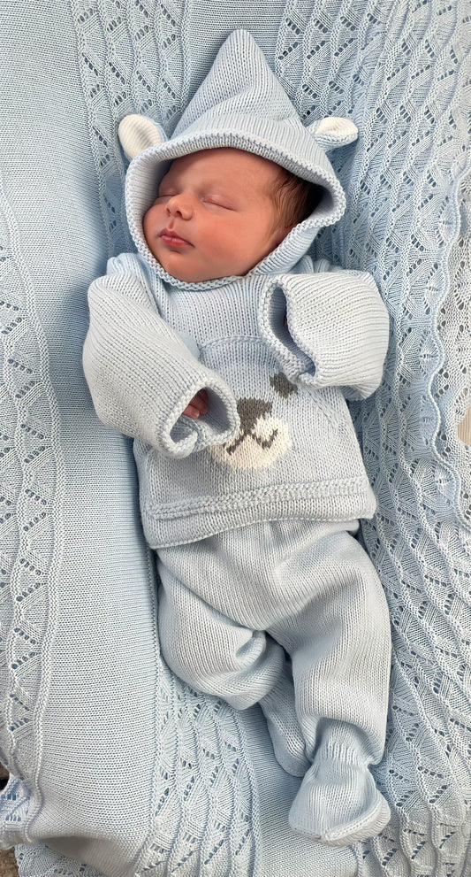 AW22 Sardon Baby Blue Teddy Bear Knitted 2-Piece Pram Set