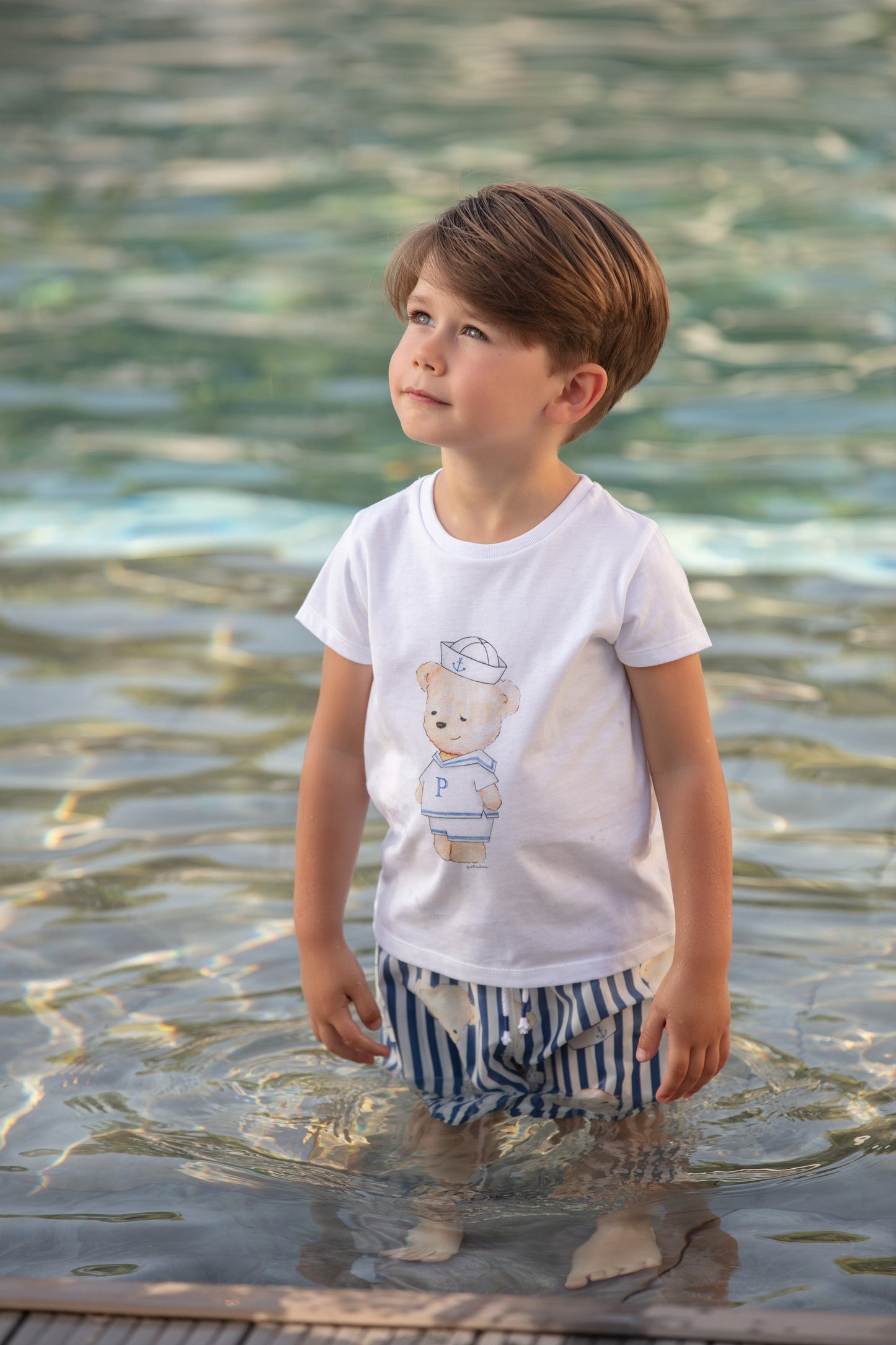 SS23 Patachou Boy’s Blue Stripe Sailor Bear Swim Shorts