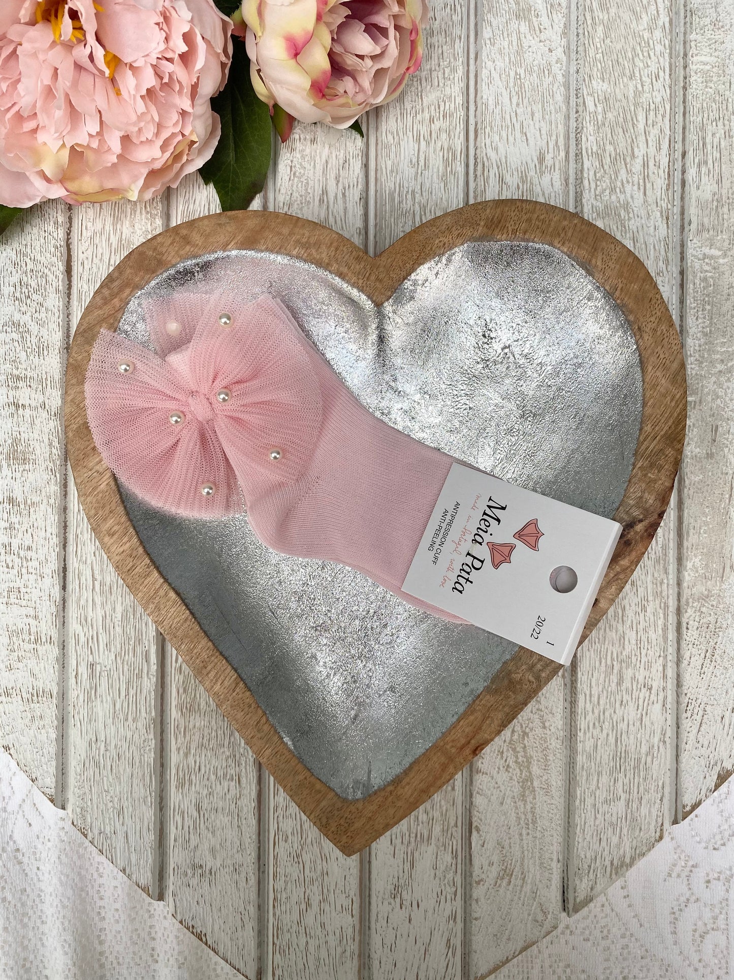 Meia Pata Baby Pink Pleated Tulle & Pearl Bow Ankle Socks