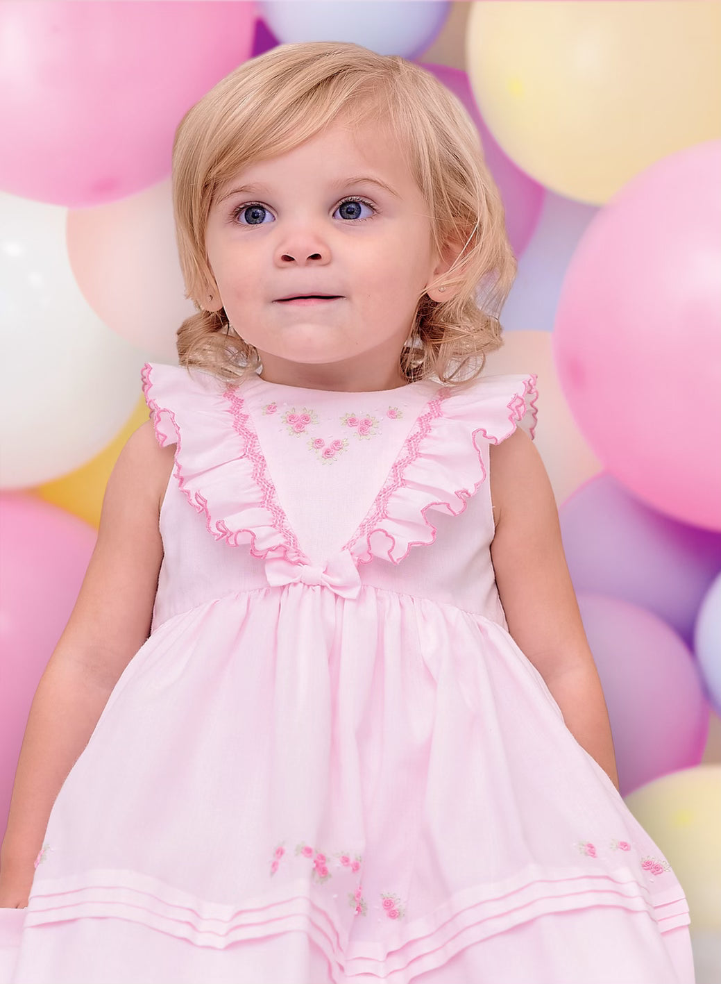 SS23 Sarah Louise Pink Rose Embroidered Ruffle Dress
