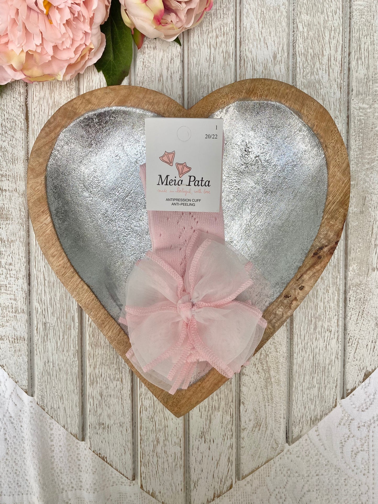 Meia Pata Pale Pink Knee High Openwork Sock with Organza Bow