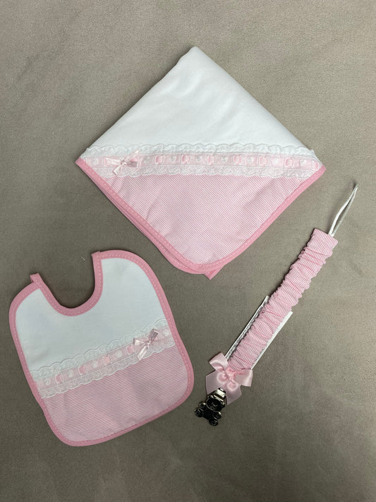 Sardon Dummy Clip, Shawl and Bib Gift Set – Pink & White